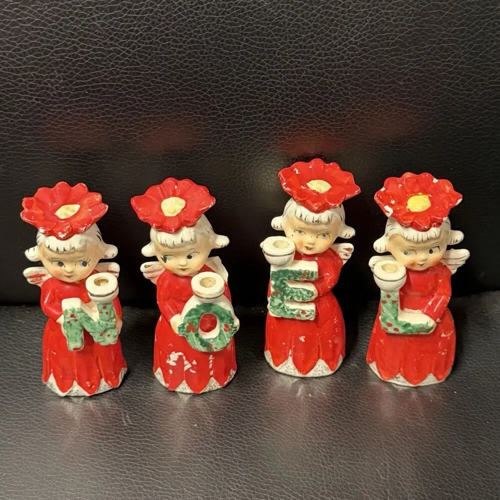 Vintage 1950s Commodore Christmas Noel Angel Candle Holders Figurines Japan